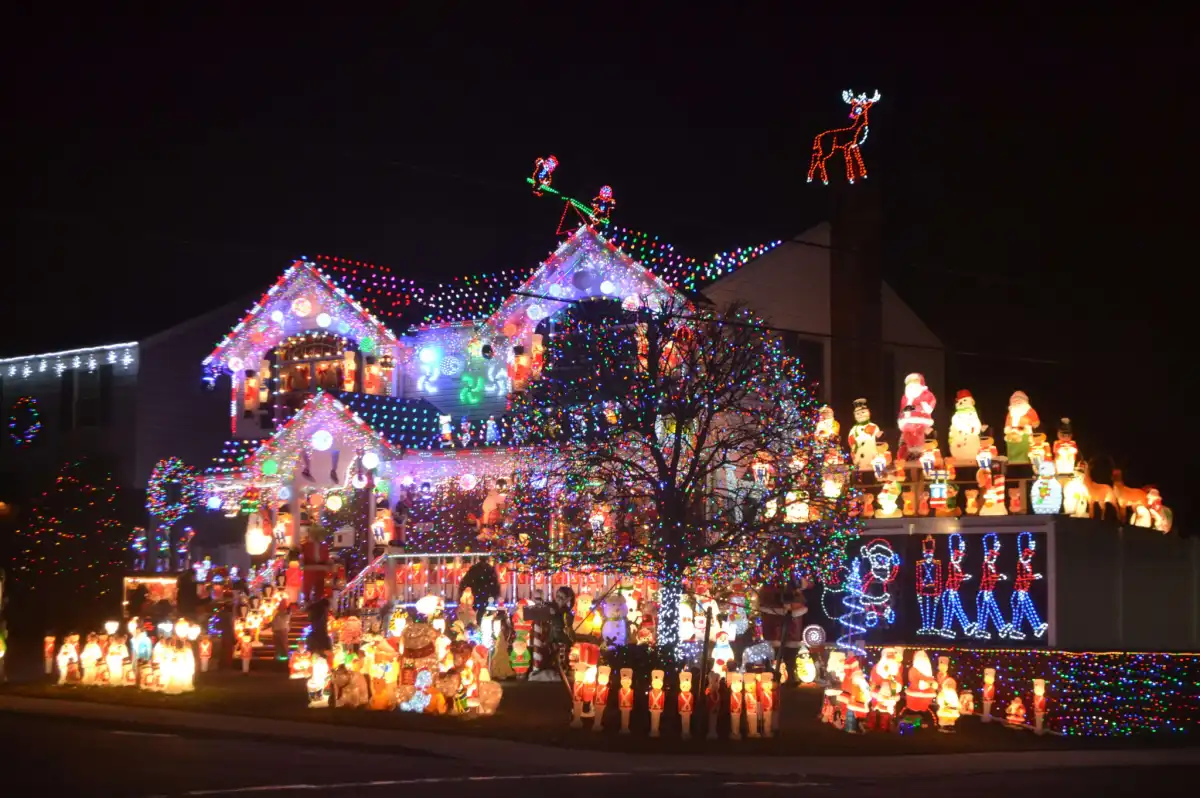 Multicolor Christmas light display with holiday characters